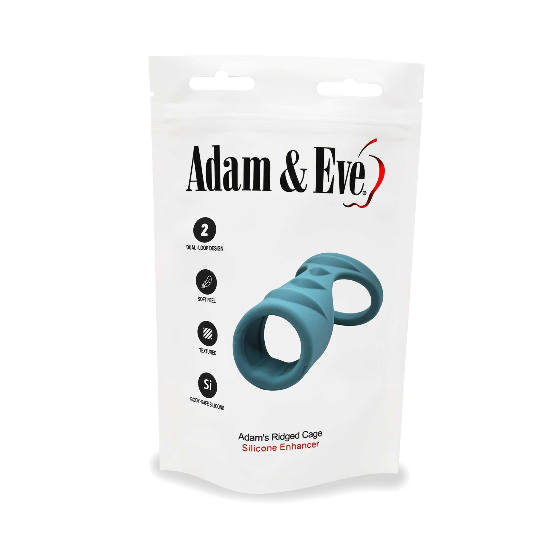 A teal silicone dual-loop ridged cock ring on a white package.