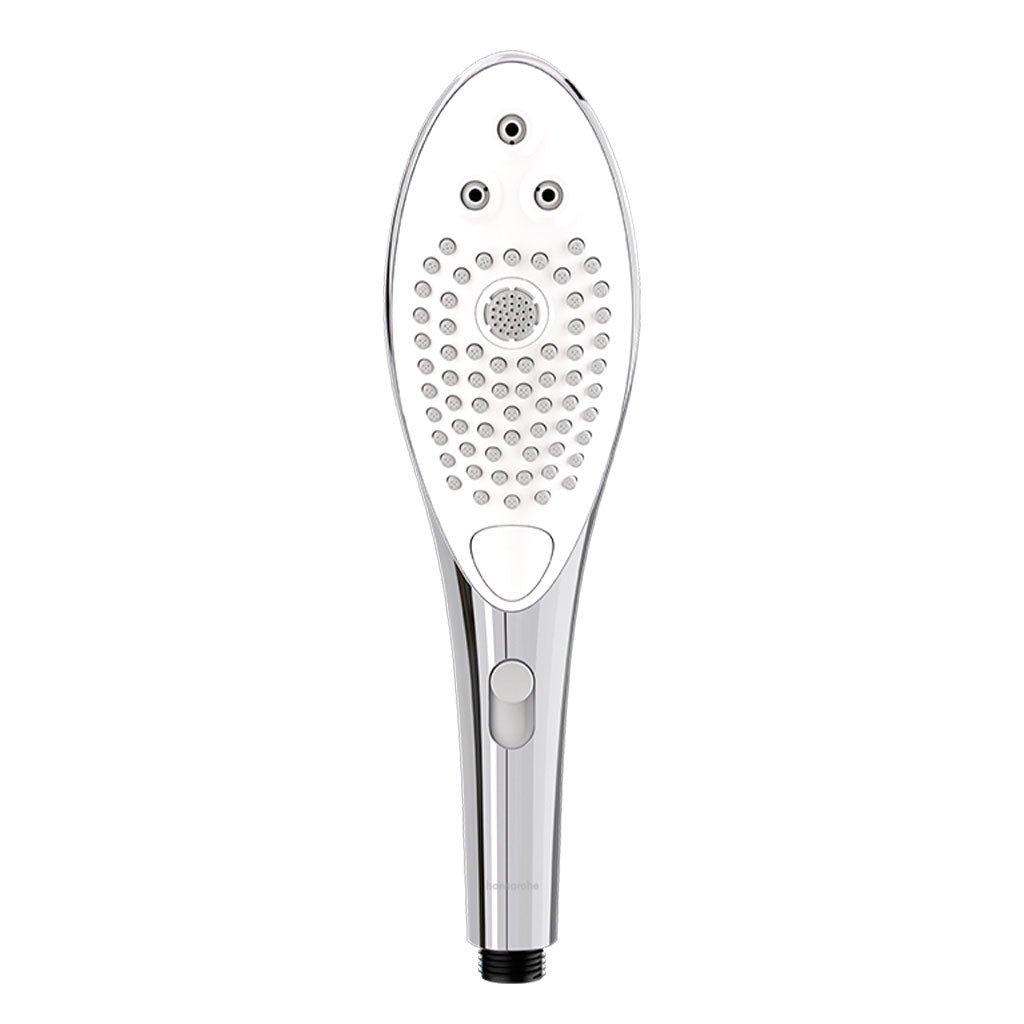 Chrome shower head with multiple spray settings and a clitoral massager.