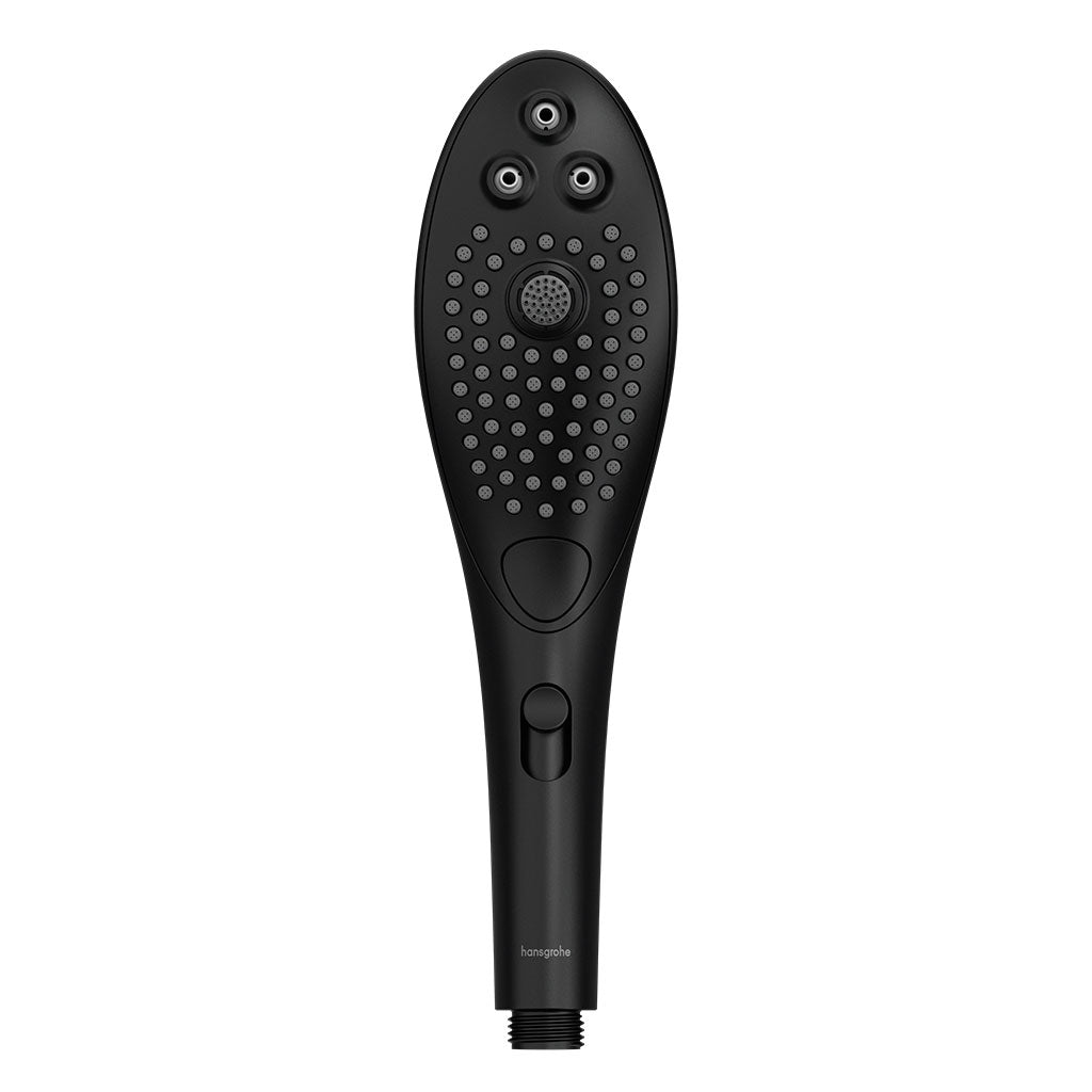 Black Hansgrohe shower head with multiple spray settings and a button.