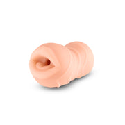 A peach-colored TPE masturbator with a textured exterior and a soft, ribbed interior.