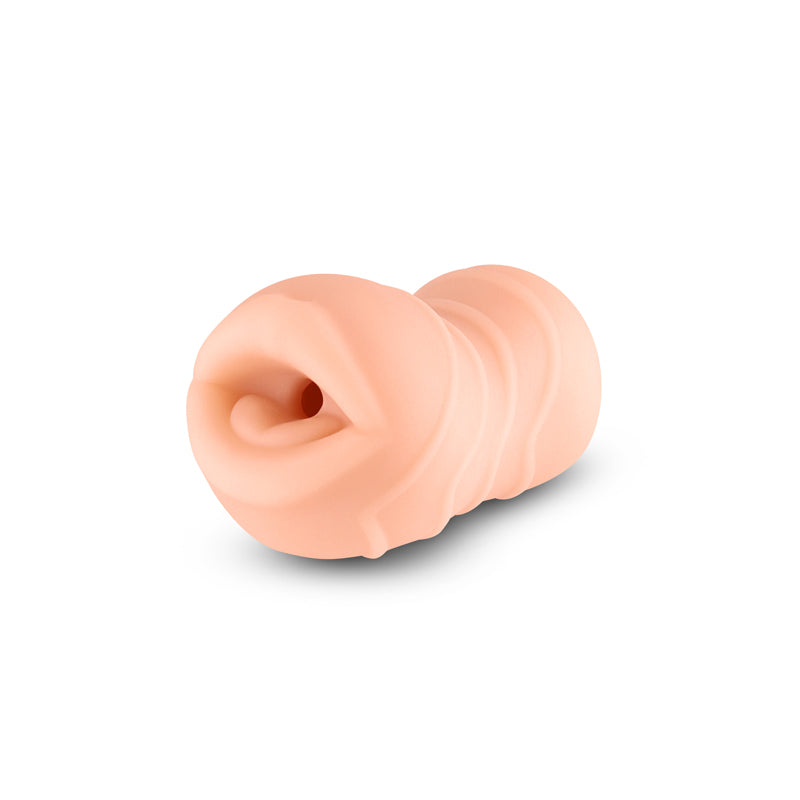 A peach-colored TPE masturbator with a textured exterior and a soft, ribbed interior.