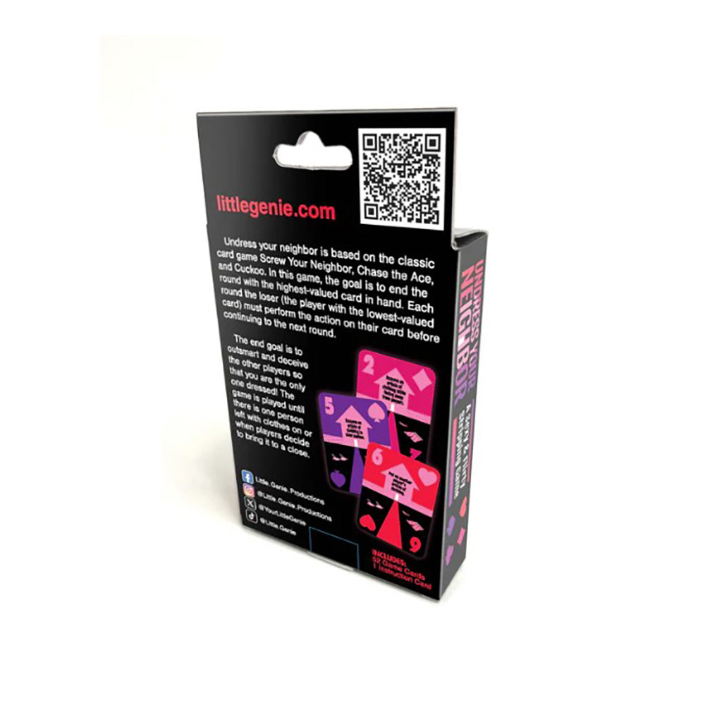 Undress Your Neighbor card game box with game description and card images.