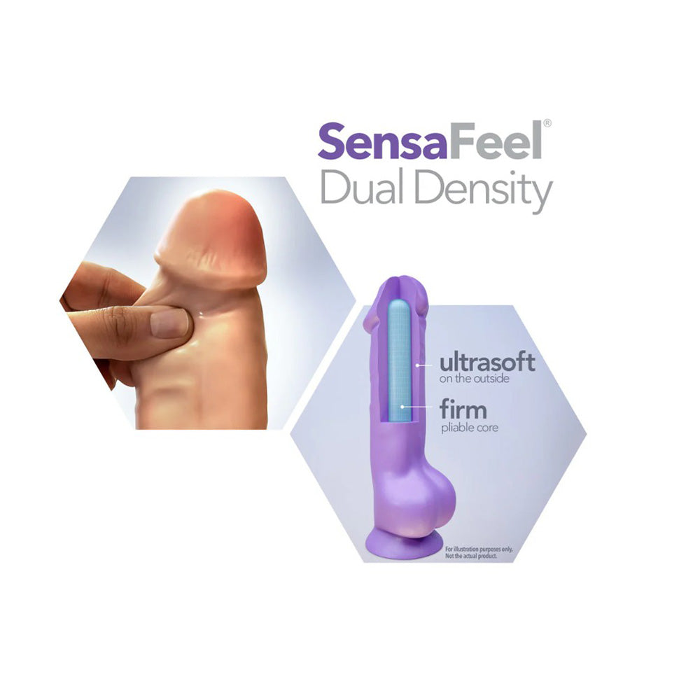 Purple 14-inch dual density realistic dildo with suction cup base, showing soft outer layer and firm core.