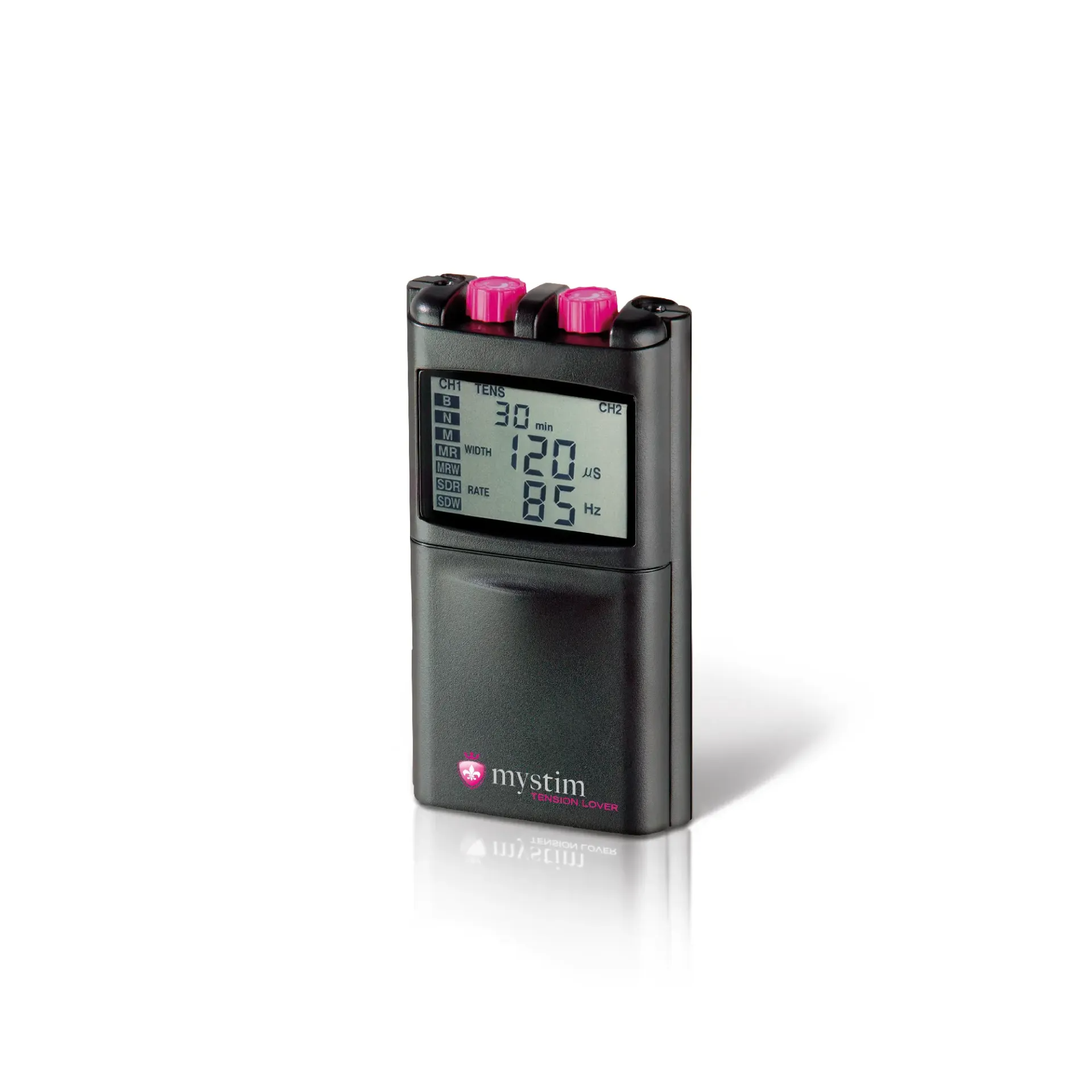 Digital E-Stim Powerbox Stimulation Device with dual channels and customizable settings.