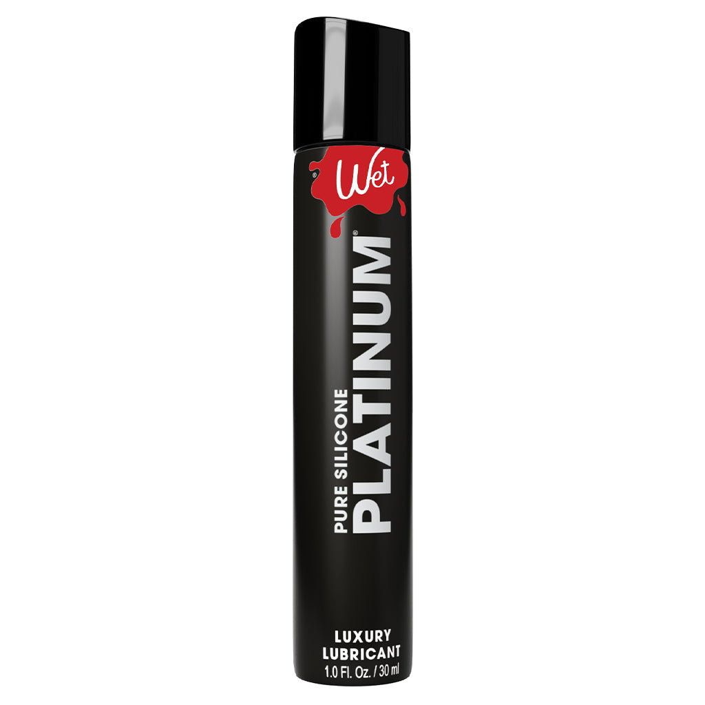 Wet Platinum Pure Silicone Luxury Lubricant in a black bottle.