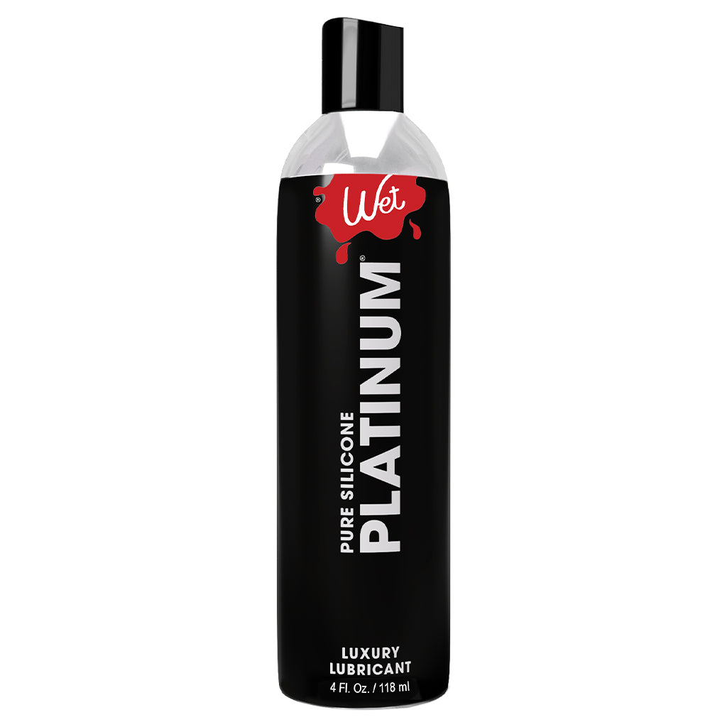 A black bottle of Wet Platinum Pure Silicone Luxury Lubricant.