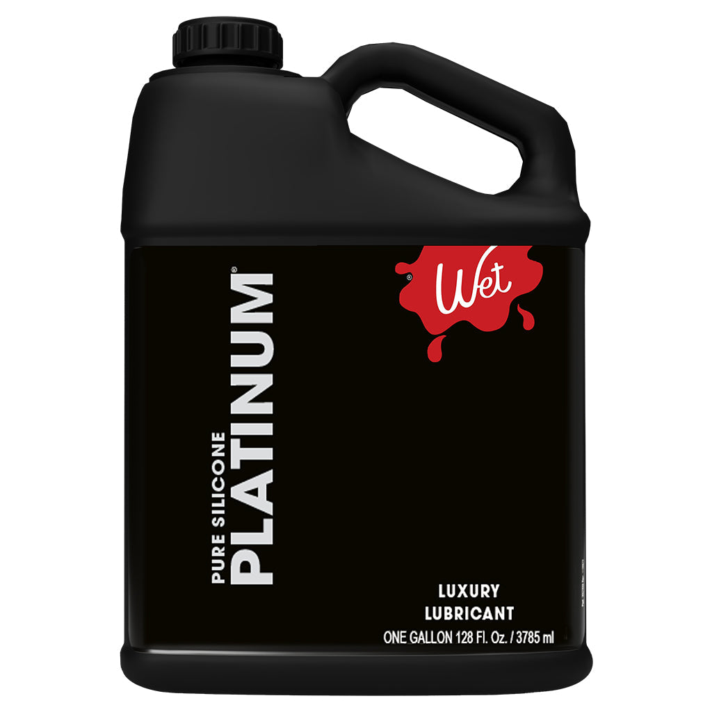 A large black jug of Wet Platinum pure silicone lubricant.