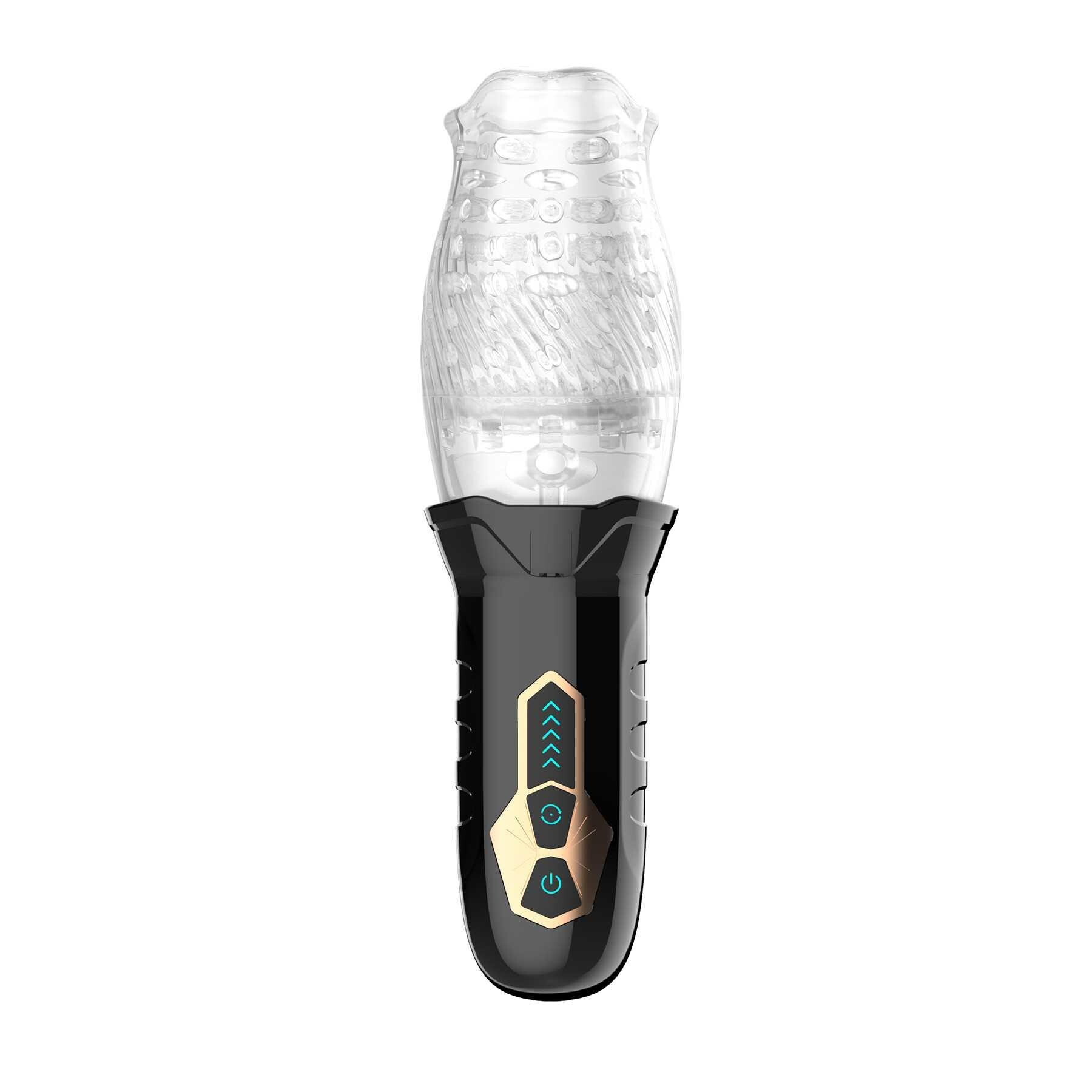 A black and clear rotating and vibrating masturbator with control buttons.