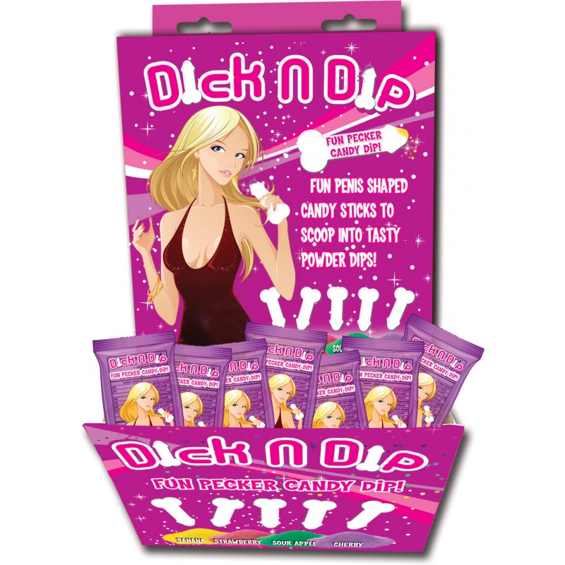 Penis shaped candy sticks with dipping powder in a display box.