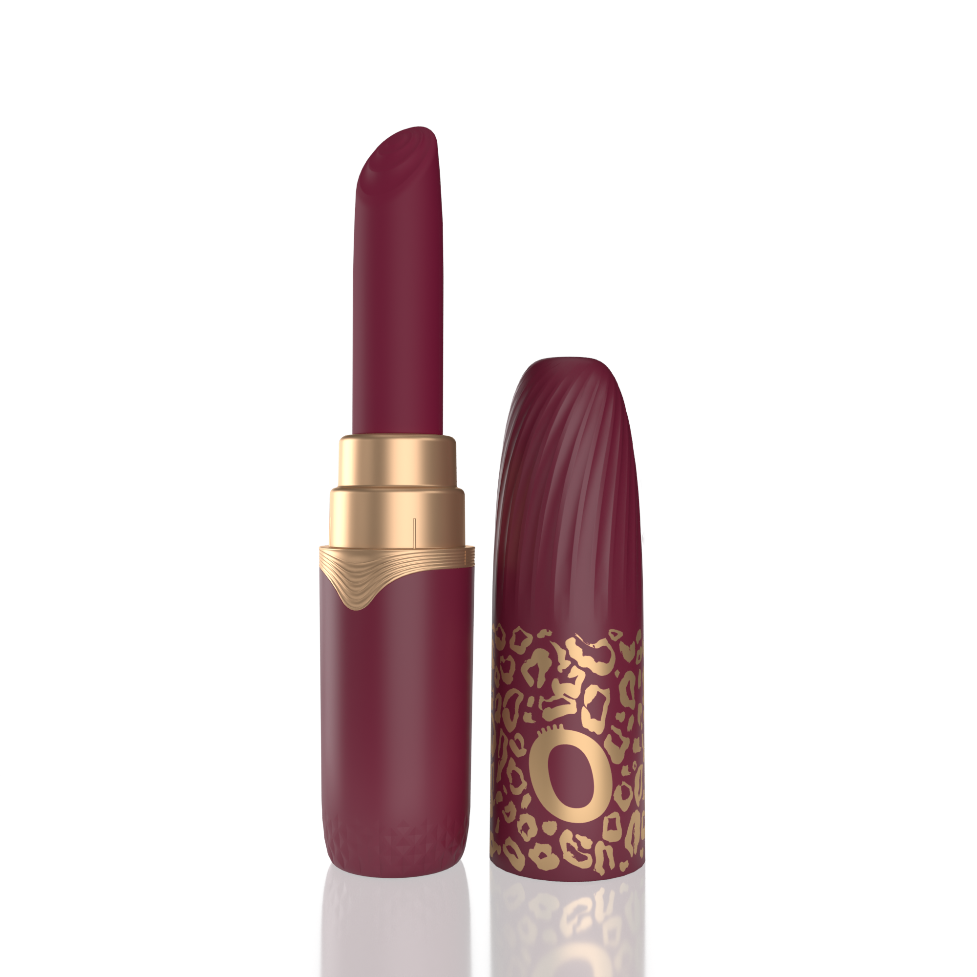 A merlot lipstick vibrator with gold accents and a leopard print cap.