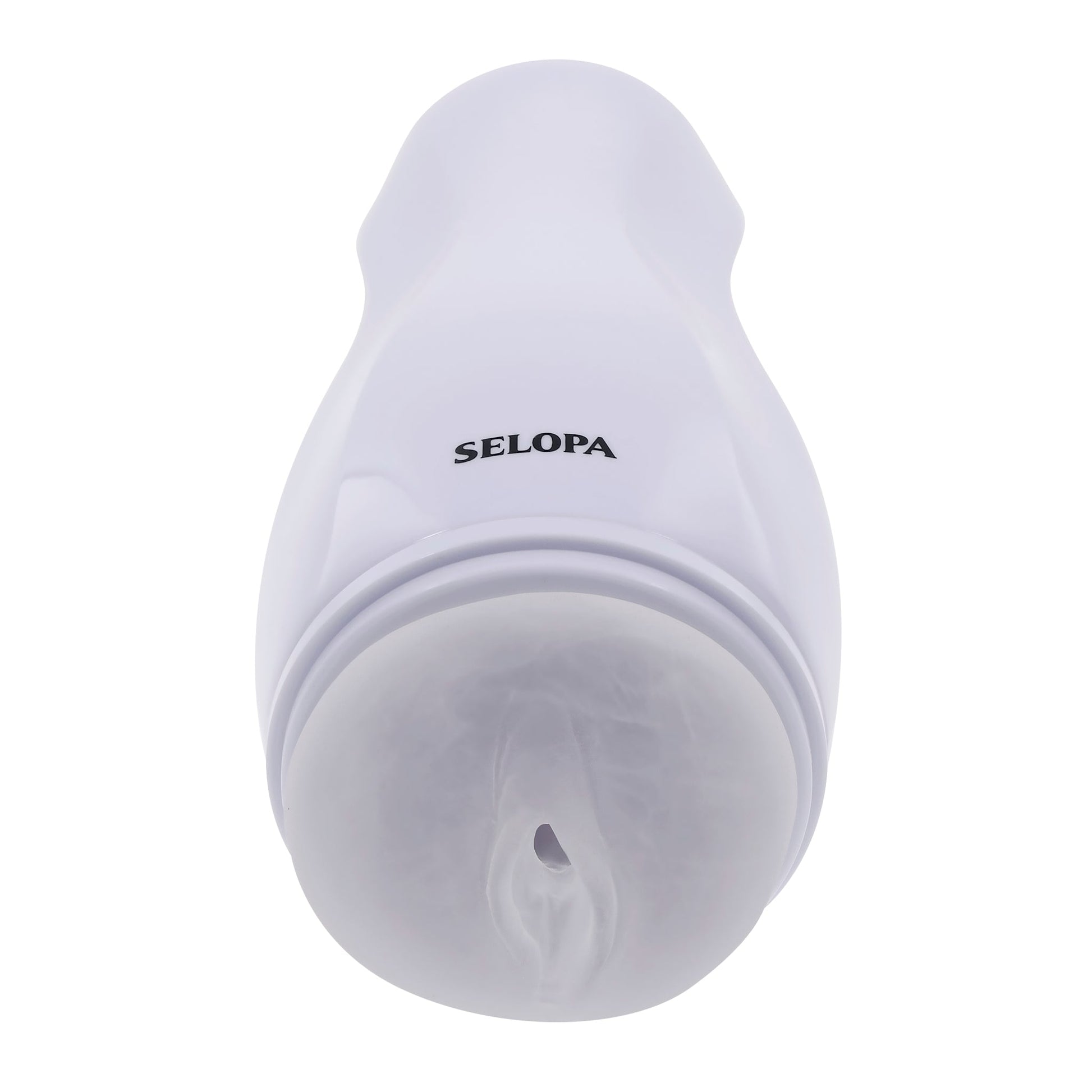 White vibrating vaginal stroker with textured interior and "SELOPA" logo.