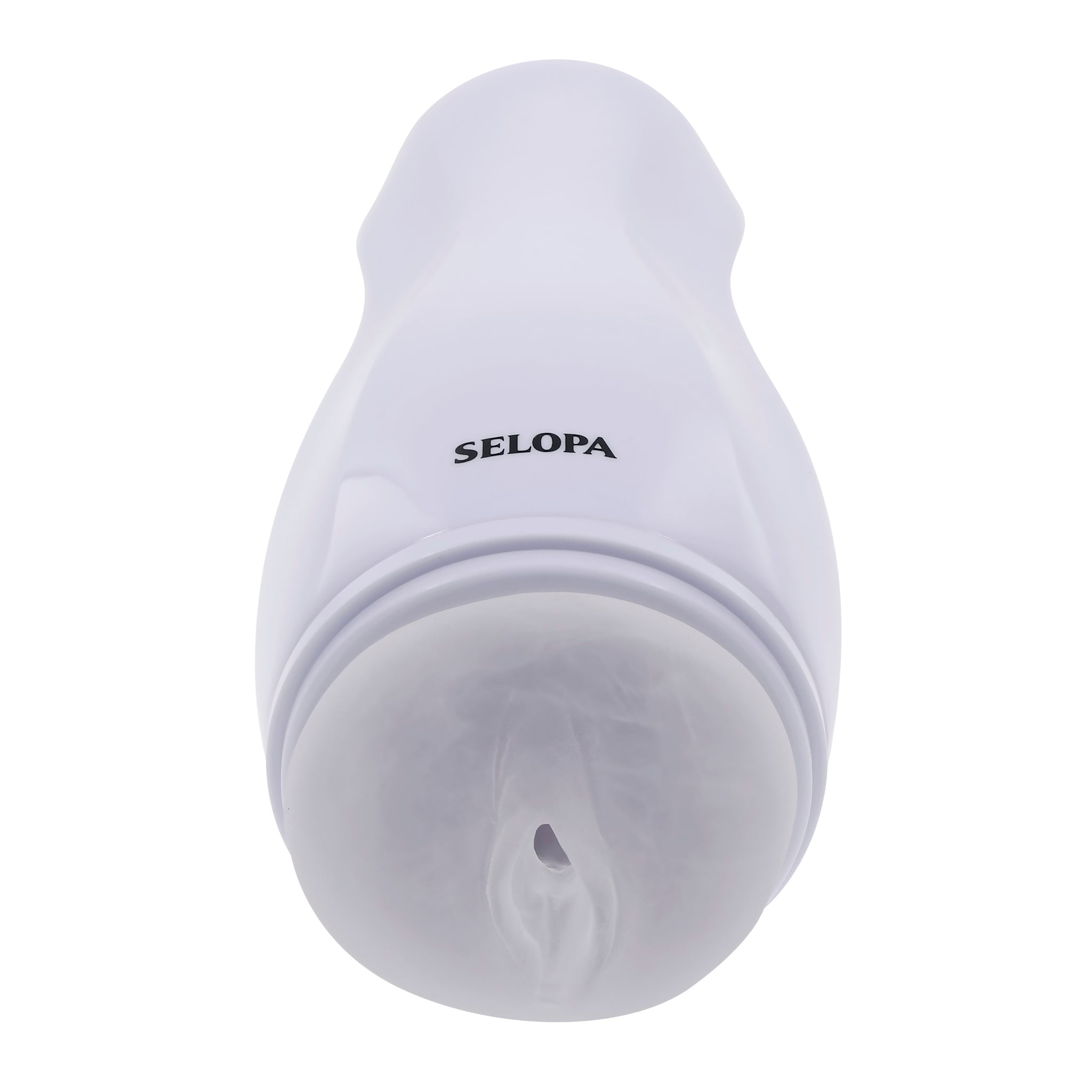 White vibrating vaginal stroker with textured interior and "SELOPA" logo.