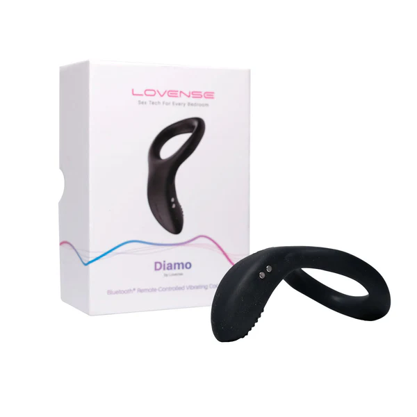 Black Lovense Diamo app-controlled vibrating cock ring and its packaging.