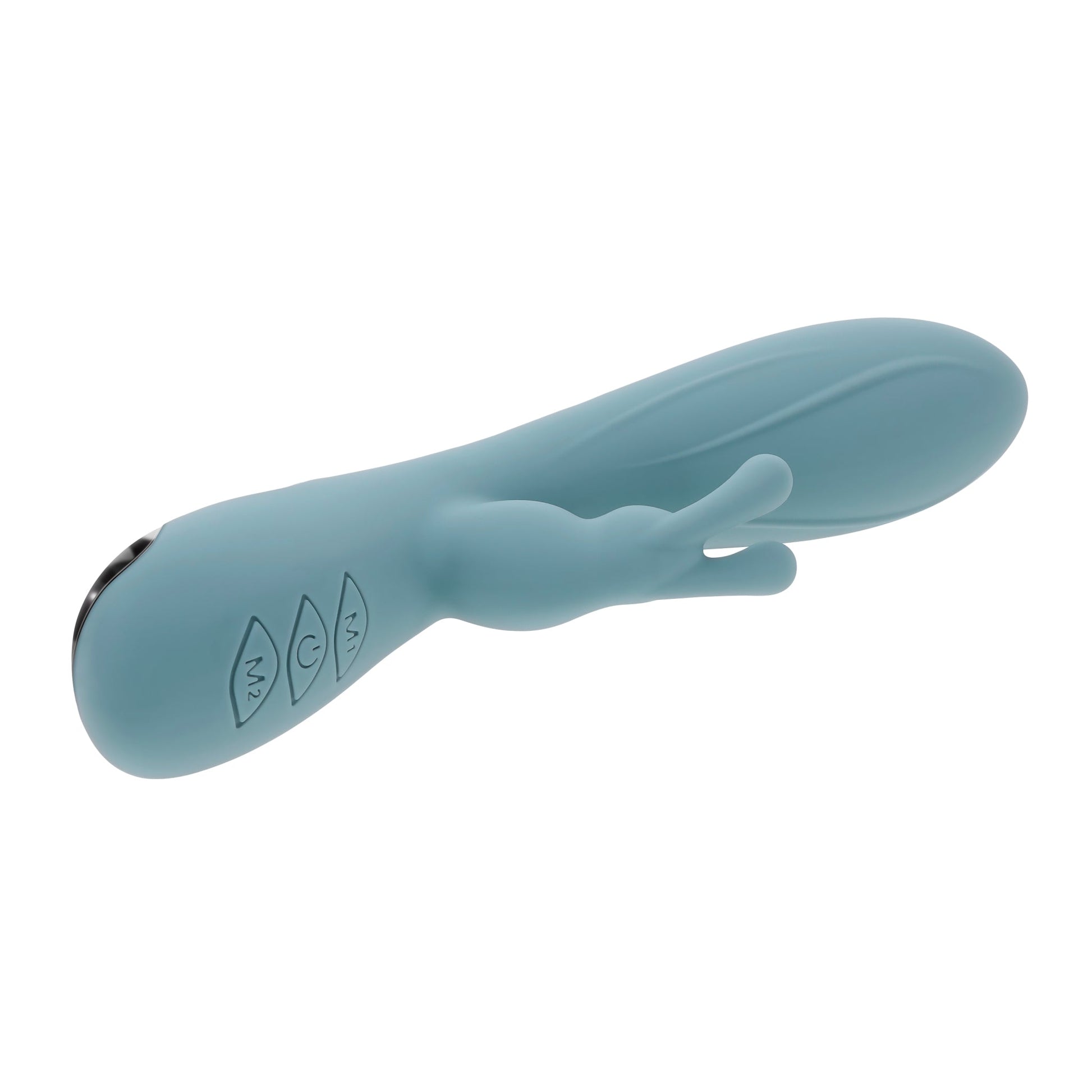 A light blue silicone rabbit vibrator with three buttons on the side.