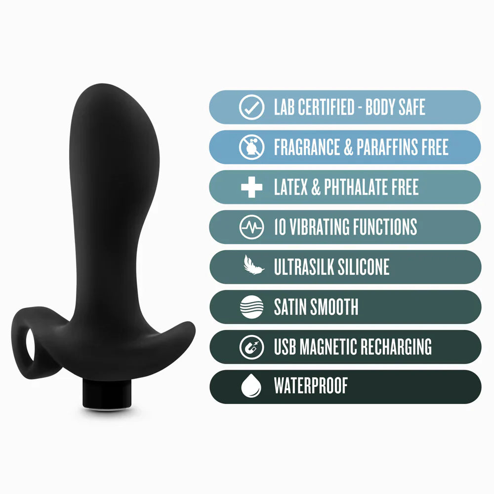 Black silicone prostate massager with 10 vibration functions and USB charging.
