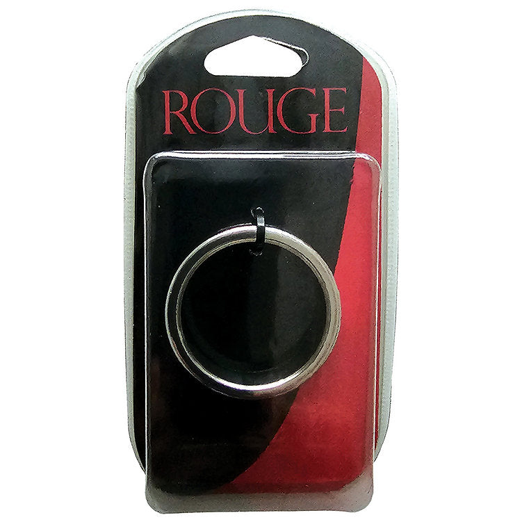 Stainless steel cock ring with "ROUGE" branding in packaging.
