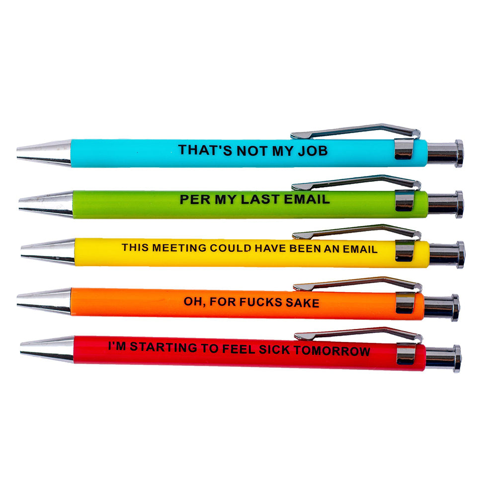 Five novelty pens with humorous phrases in different colors.