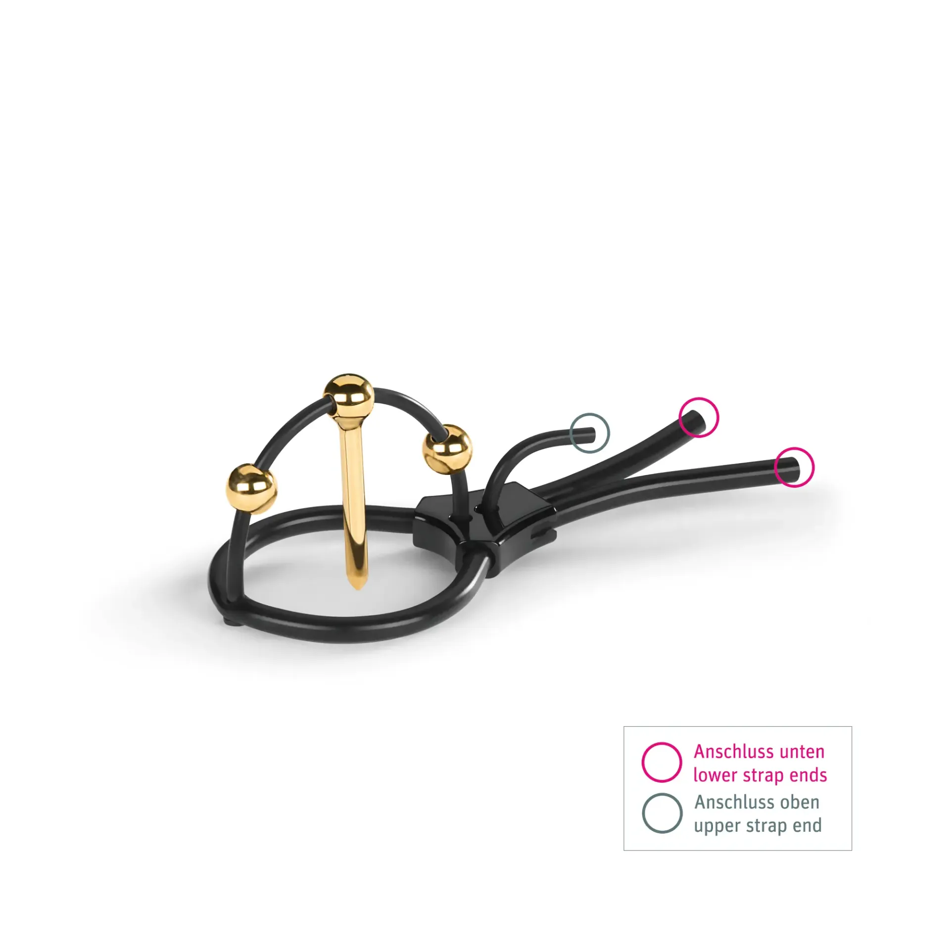 E-Stim Corona Strap with 24k gold urethral sound and black silicone.