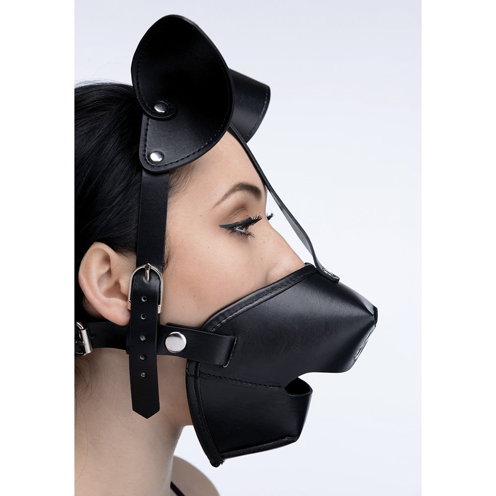 Black PU puppy play hood with ears and a removable ball gag.