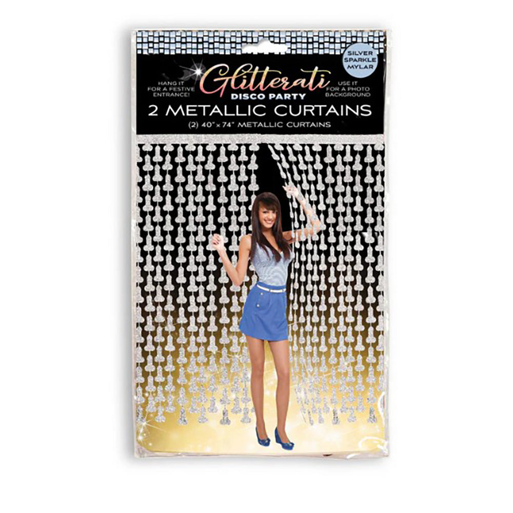 Silver metallic foil party backdrop with two curtains.