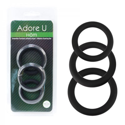 A set of three black silicone cock rings of varying sizes.