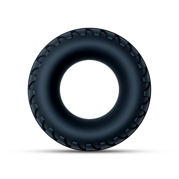 Black silicone cock ring and ball stretcher with textured tread.