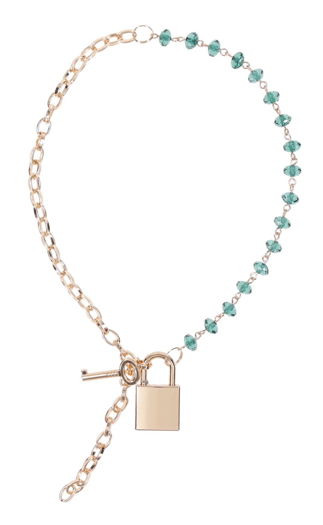 Gold chain necklace with green beads, a lock, and a key.