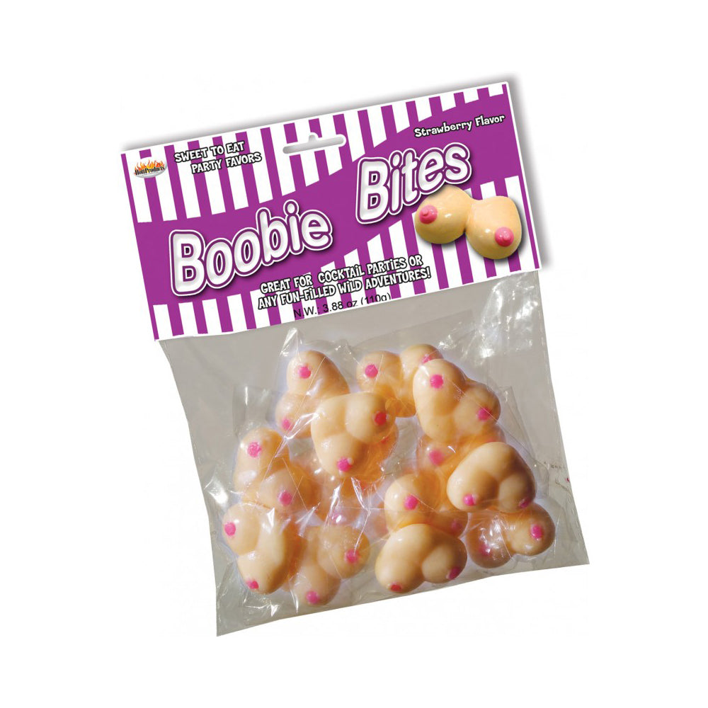 Strawberry flavored boobie shaped candy chews in a bag.