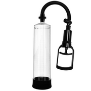 A clear penis pump with a black handle and hose.