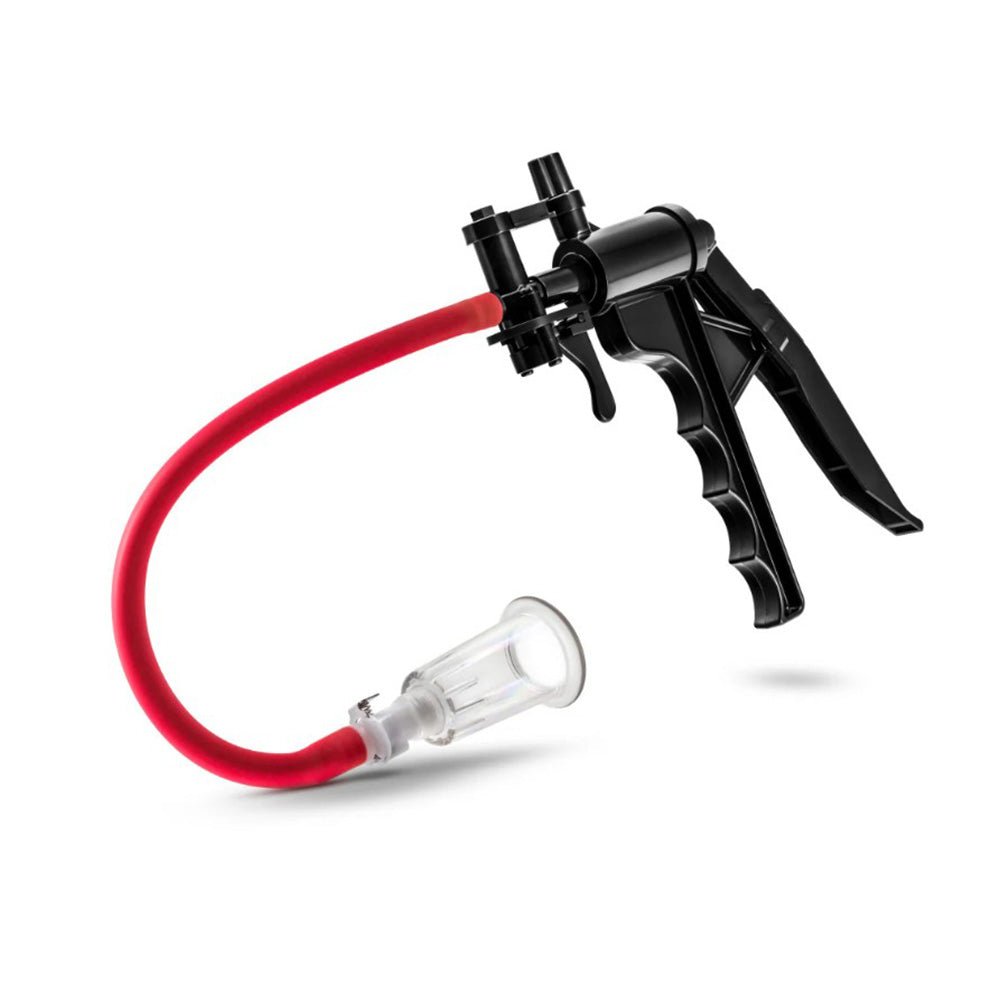 Black trigger pump with red hose and clear cylinder.