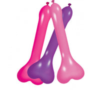 Three assorted pecker-shaped balloons in pink and purple.