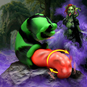 Green and black striped vibrator with a red tongue attachment.