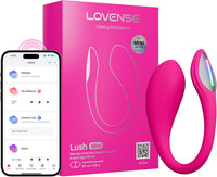 Pink Lovense Lush Mini app-controlled vibrator with box and phone.