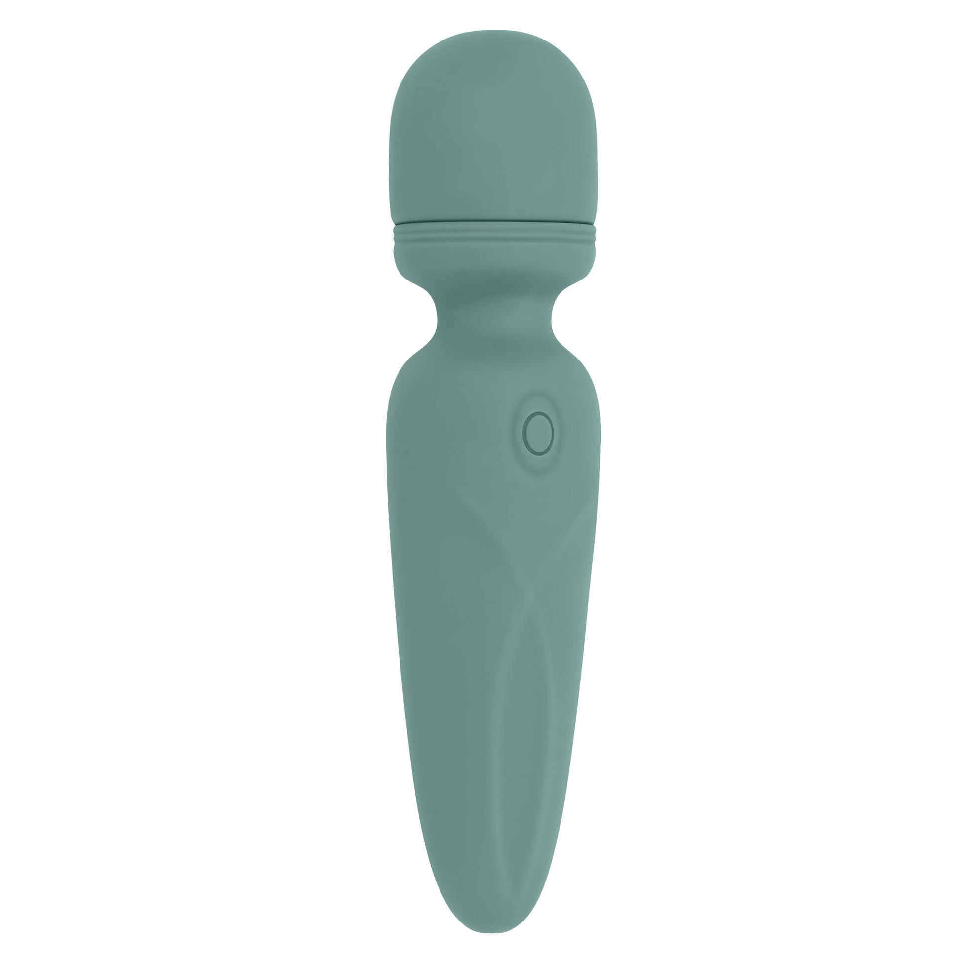 A teal silicone vibrator with a rounded head and a button on the handle.