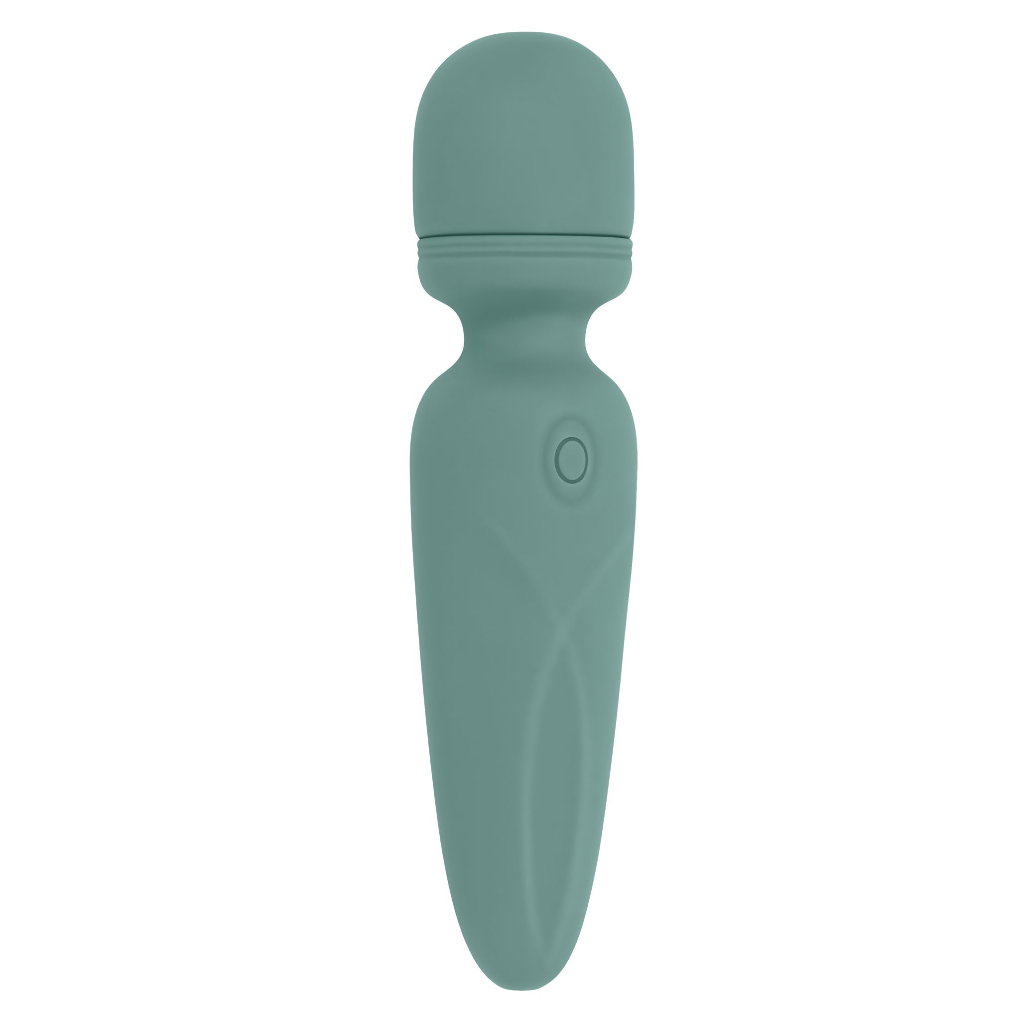 A teal silicone vibrator with a rounded head and a button on the handle.