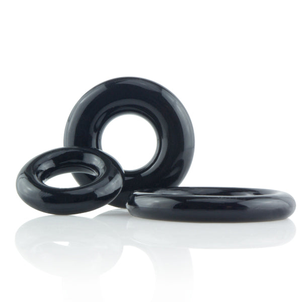 Three black stretchy cock rings of varying sizes.