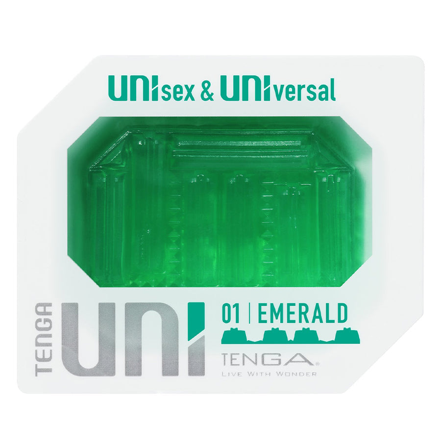 A green Tenga Uni Emerald pleasure sleeve with textured interior.