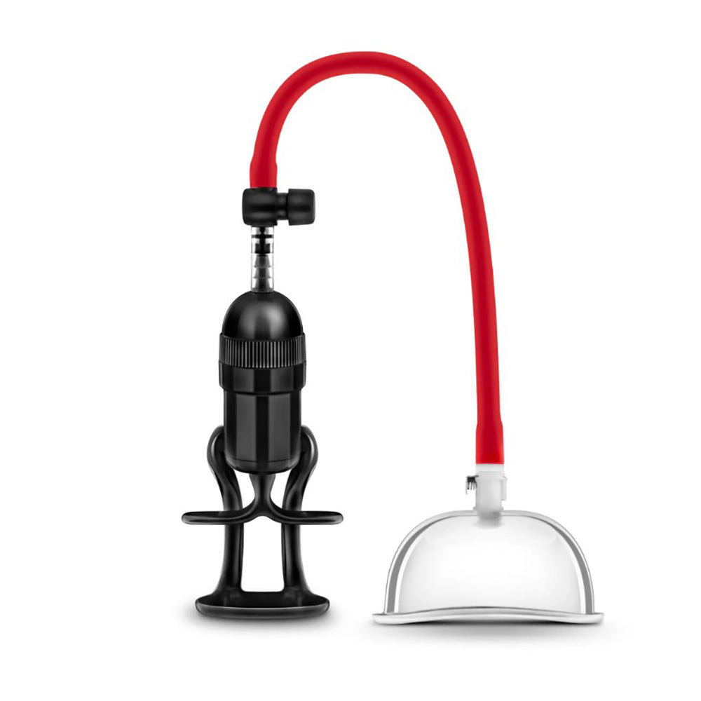 Black pump with red tube and clear acrylic cup.