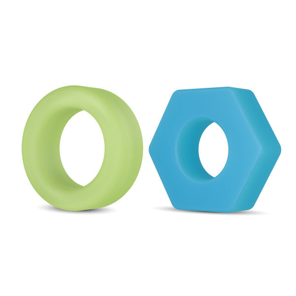 A green ring and a blue hexagonal ring made of silicone.