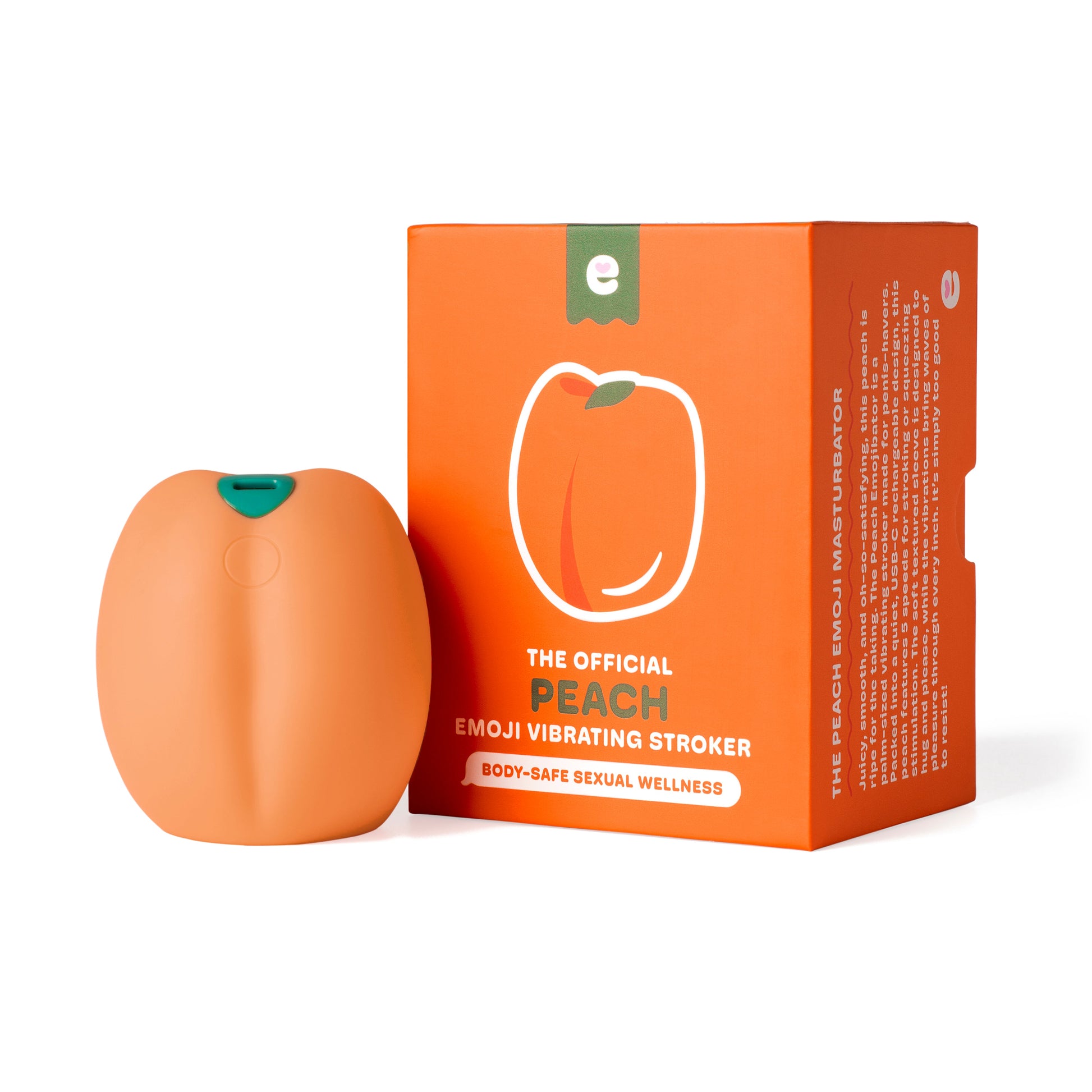 Orange peach-shaped vibrating stroker with a green detail on top, next to its matching box.