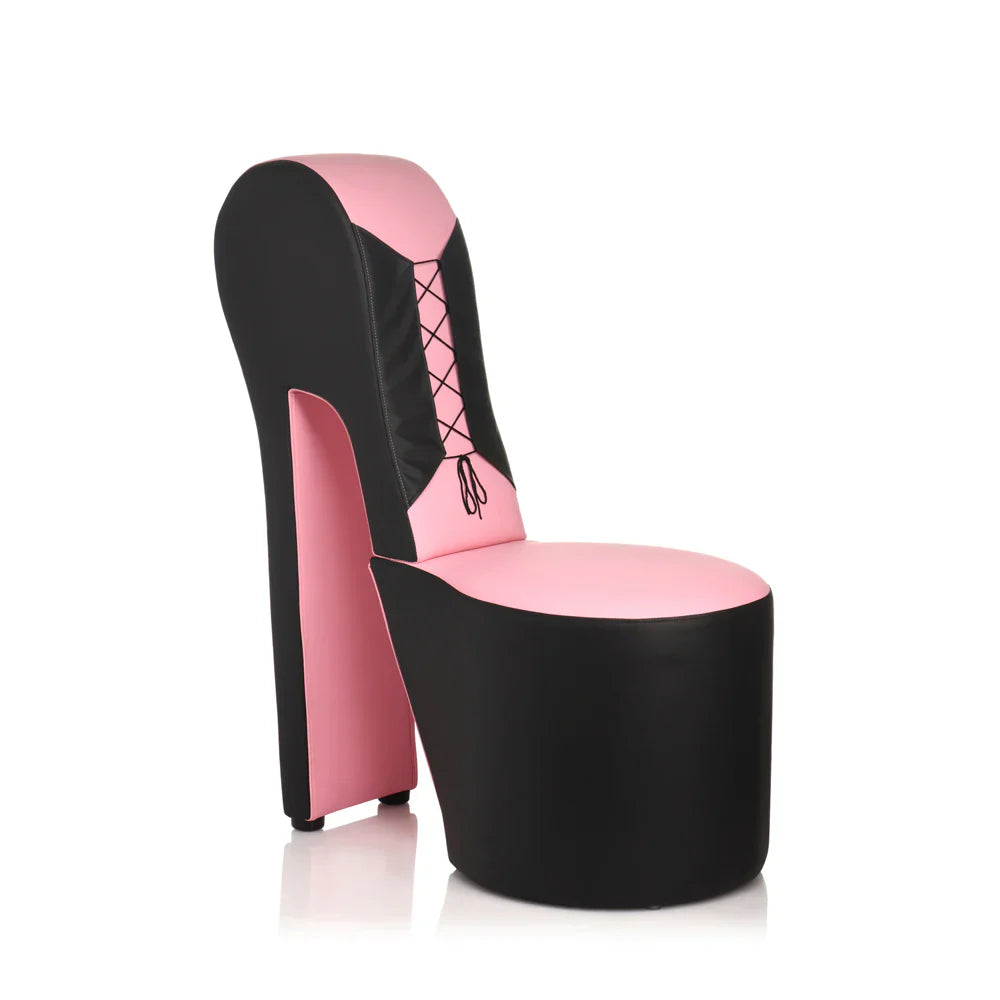 A pink and black stiletto heel chair with lace-up detailing.