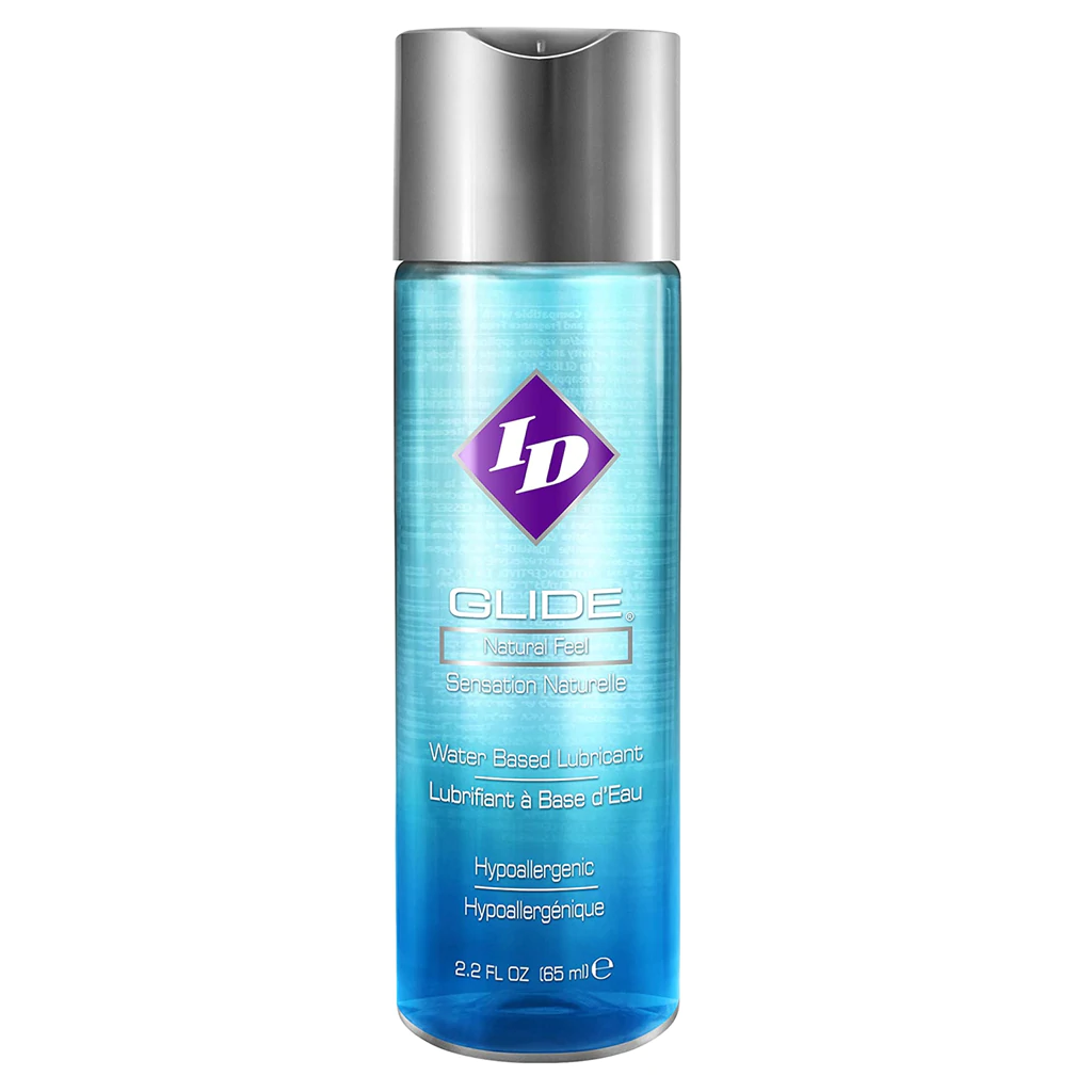 ID Glide water-based lubricant in a clear bottle with a silver cap.