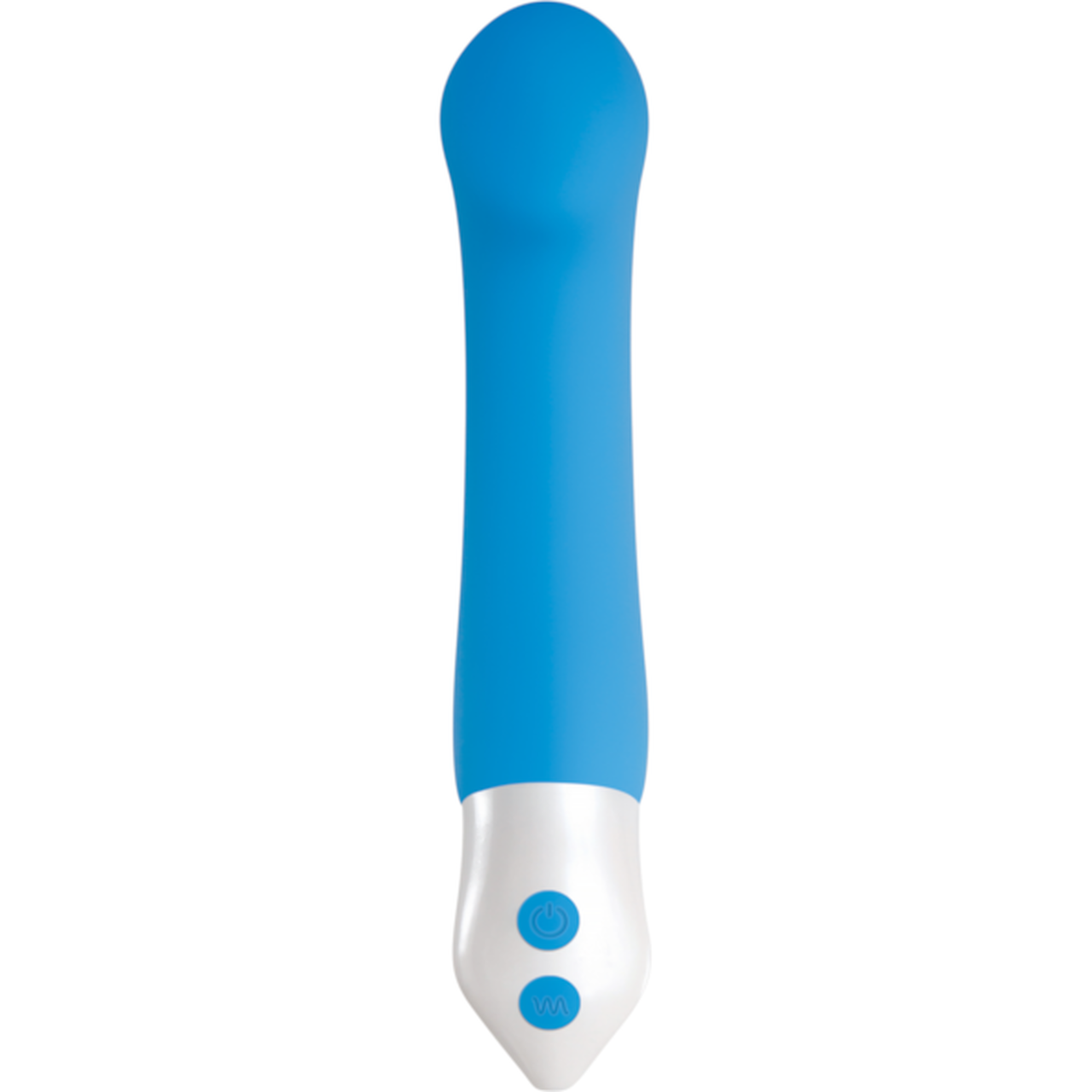 A blue and white G-spot vibrator with two control buttons.