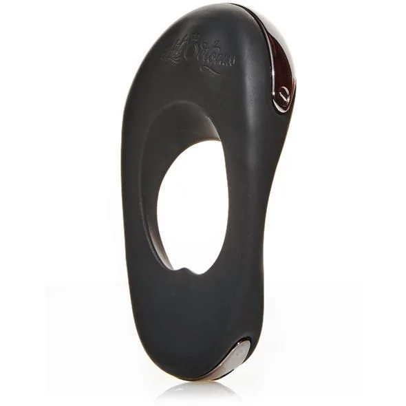 Atom Plus dual motor rechargeable silicone cock ring in dark gray with silver accents.