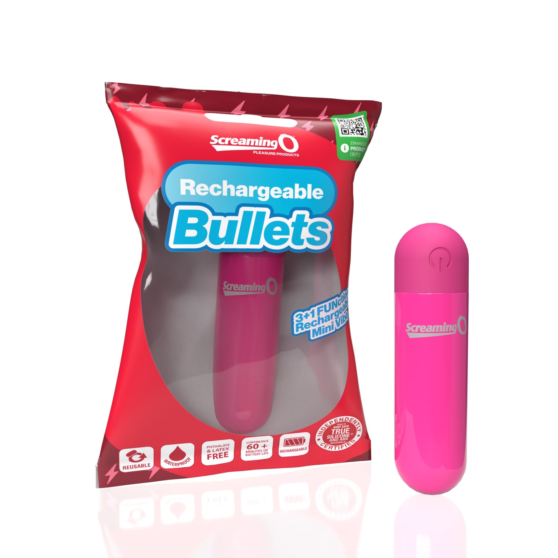 Pink rechargeable bullet vibrator with waterproof design and 4 functions.
