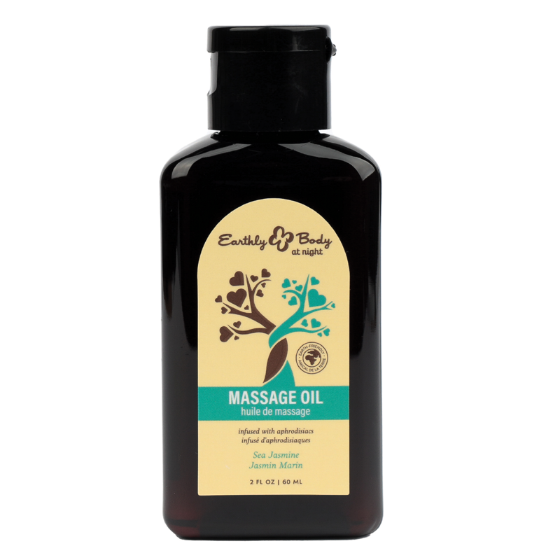 Earthly Body Sea Jasmine massage oil in a dark bottle with a yellow label.