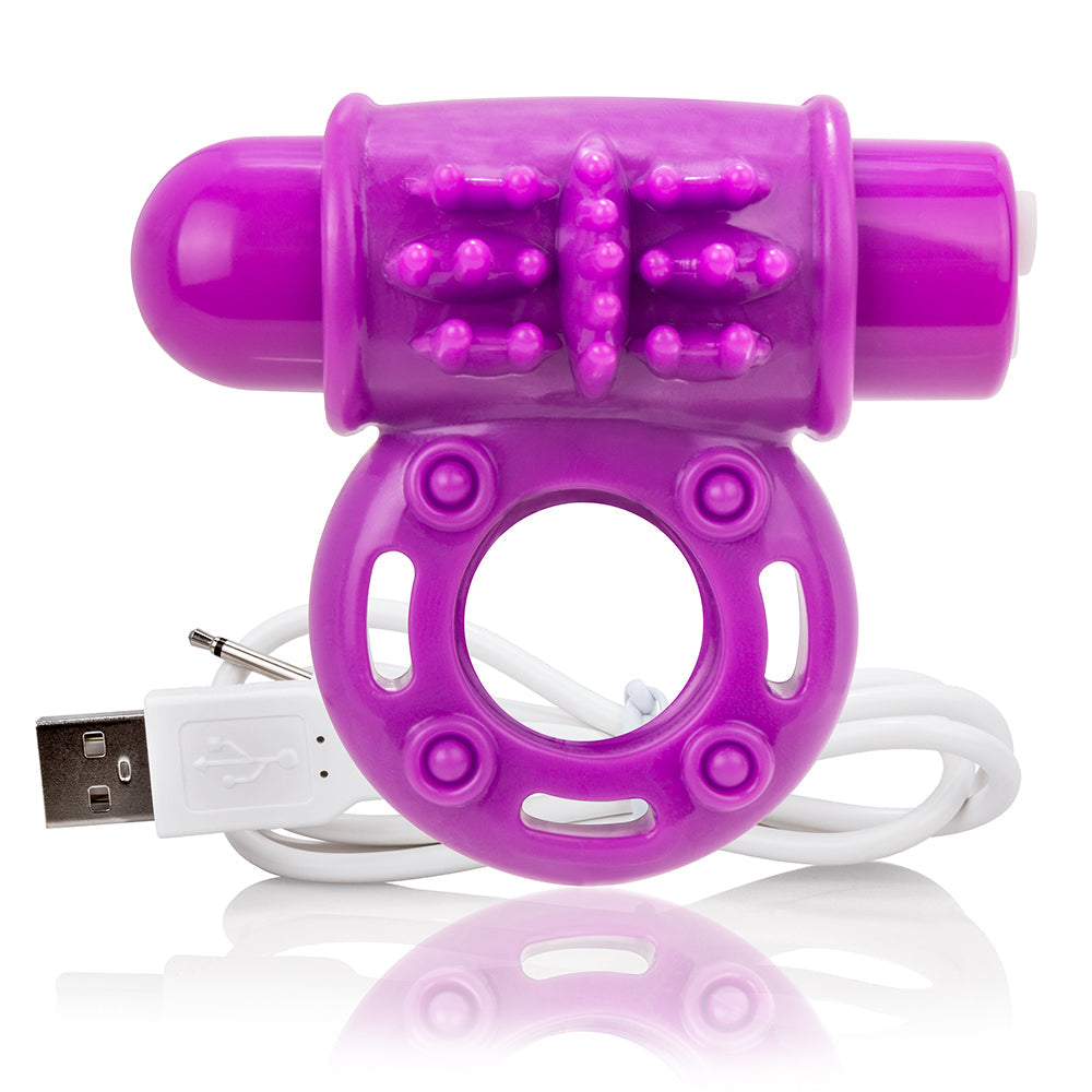 Purple vibrating cock ring with USB charging cable.