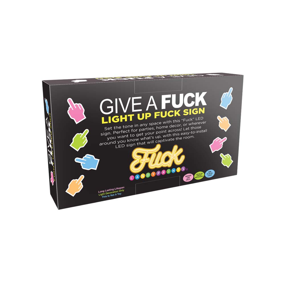 A "Give a Fuck" LED sign with colorful finger emojis on a black box.