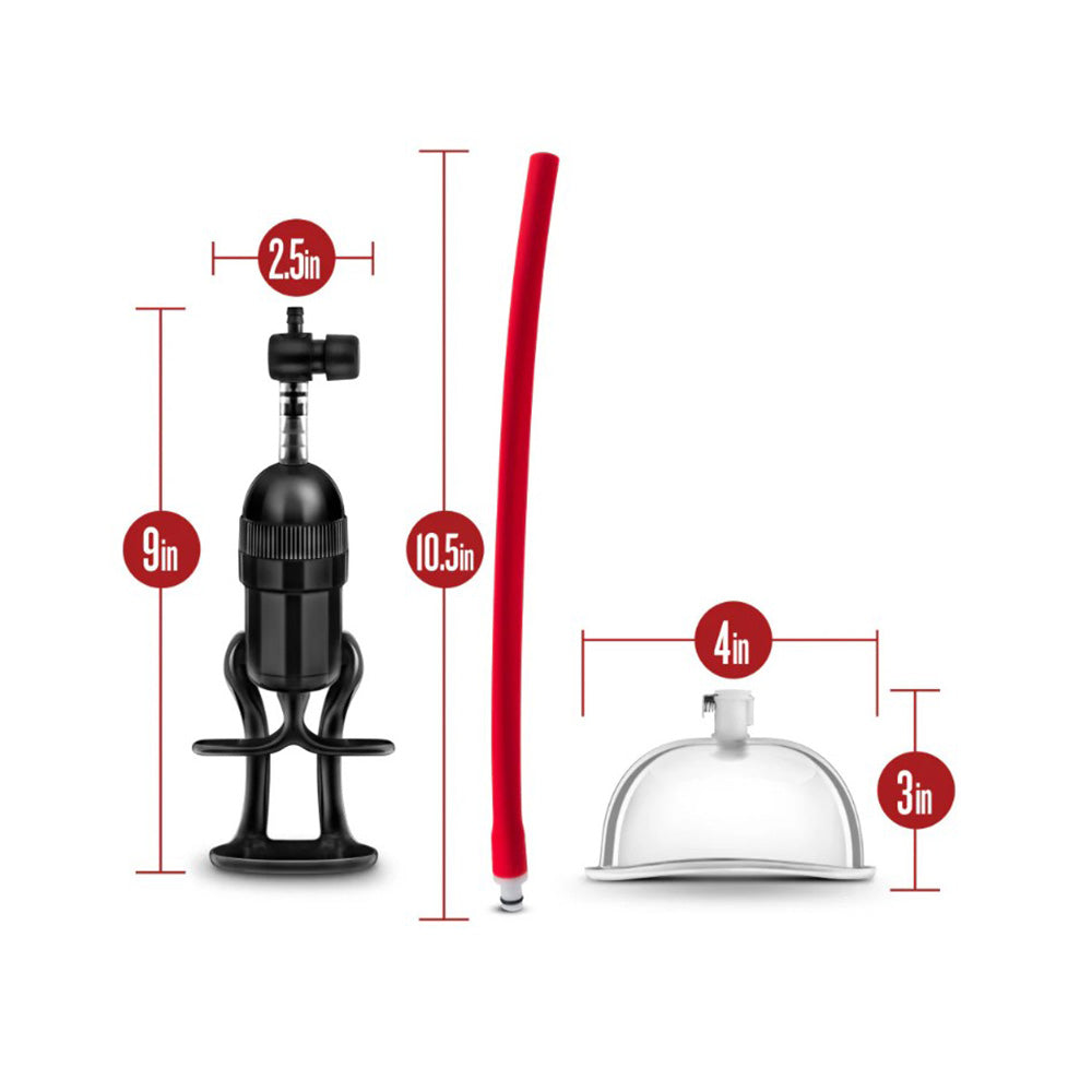 Pussy pump system with acrylic cup and red hose, showing dimensions.