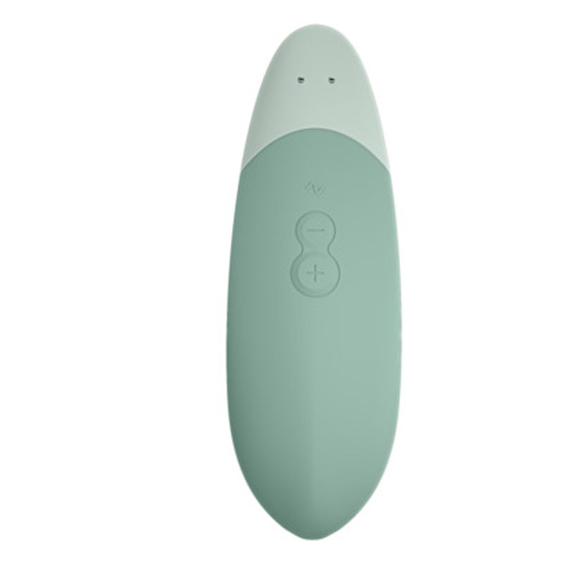 A teal and light teal clitoral vibrator with two buttons.